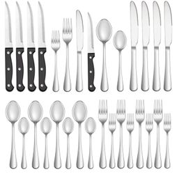 24 Pcs Silverware Set with Steak Knives for 4, Stainless Steel Flatware Set, Mirror Polished Cutlery Utensil Sets, Home Kitchen Eating Tableware, Dish