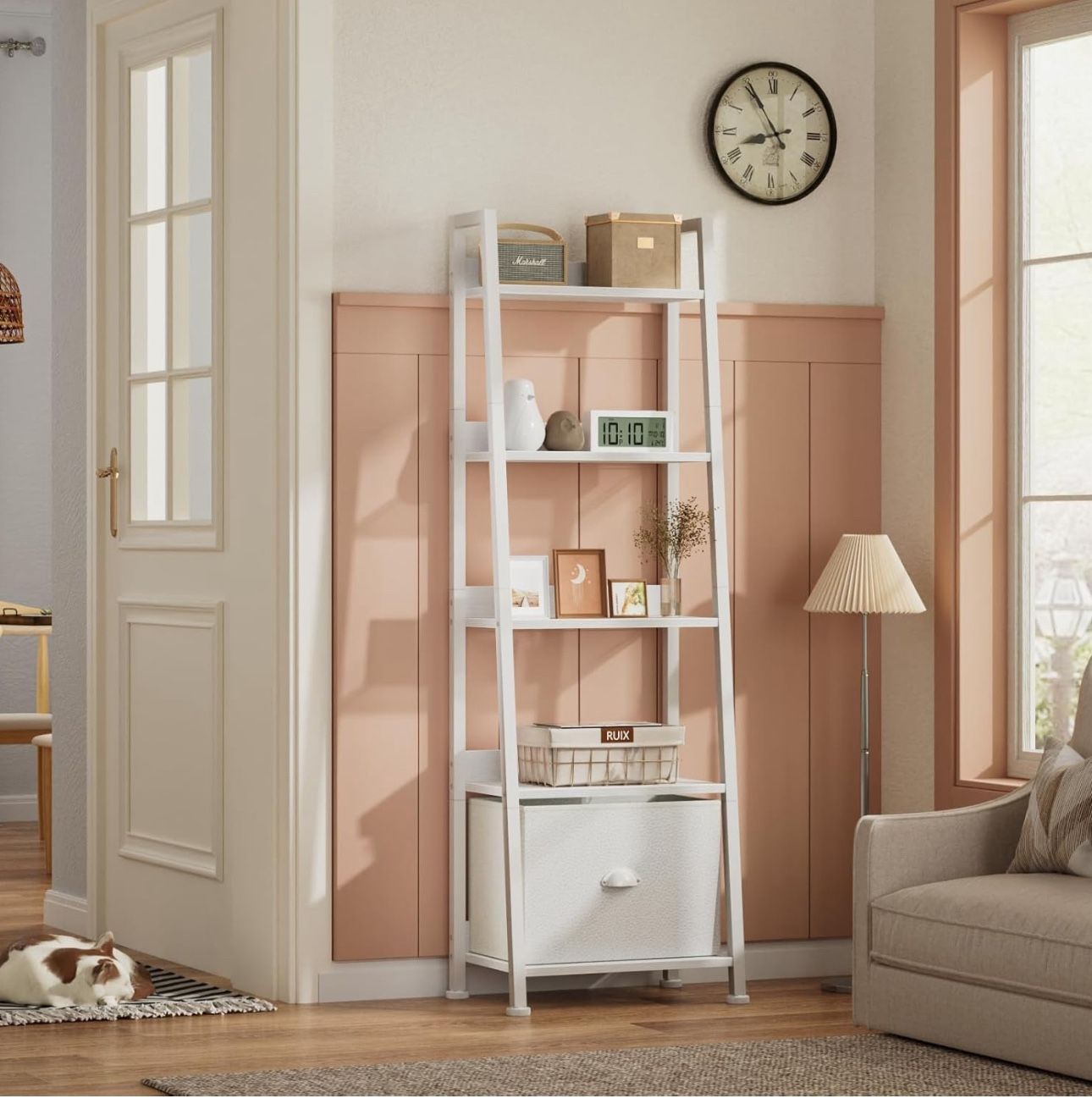 Wood Ladder Shelves Organizer Storage with Fabric Drawer Size Length 17", Width 11", Height 56" New Condition Assembled