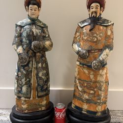 Large Antique Chinese Carved Bone Emperor and Empress Statues Asian Oriental