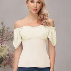 Medium Beige Scarlet Darkness Renaissance Shirt Off Shoulder Flutter Short Sleeve Top Summer Square Neck Peasant Blouse