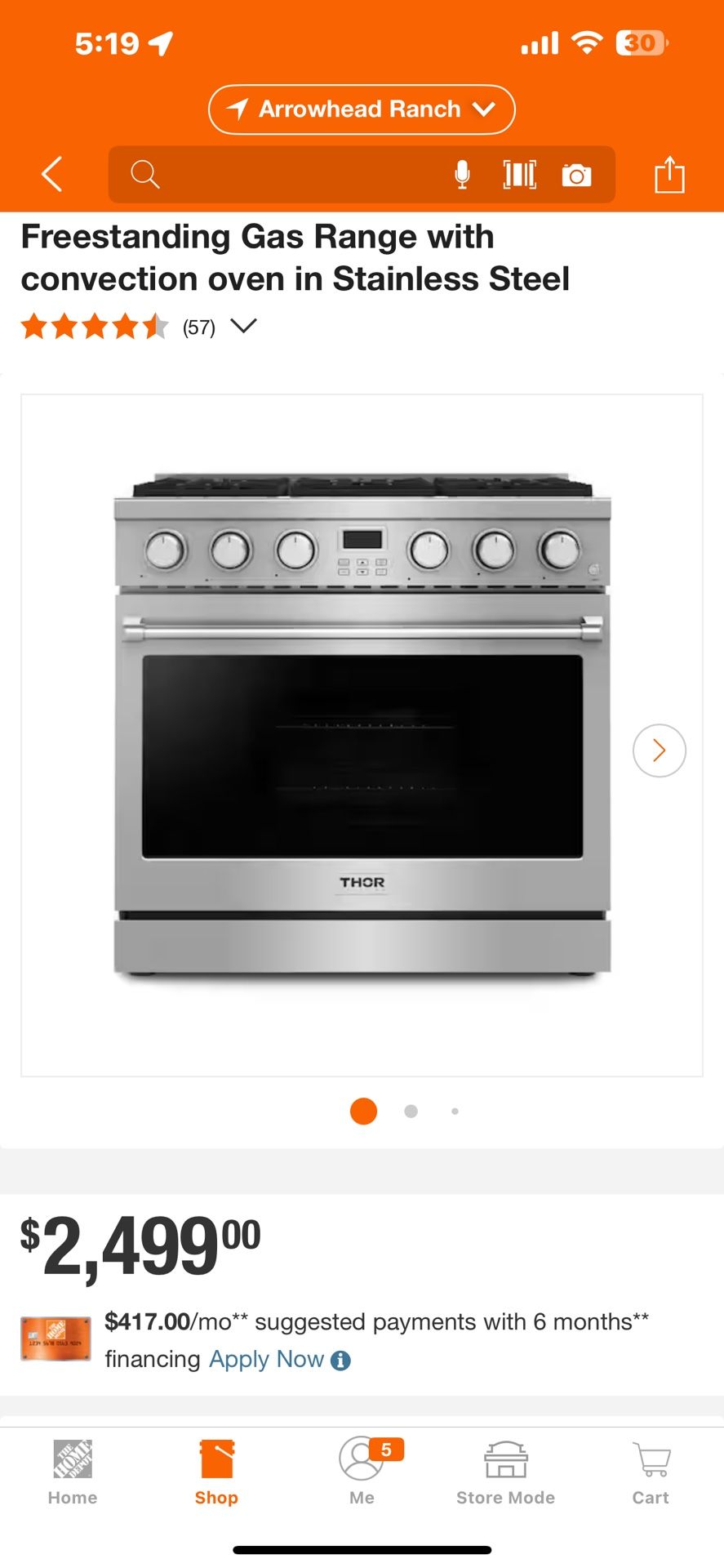 Contemporary 36-in 6 Burners Freestanding Gas Range with convection oven in Stainless Steel