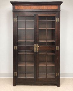 Tall Dark Wood Glass-Door Display Cabinet – Brass-Tone Hardware