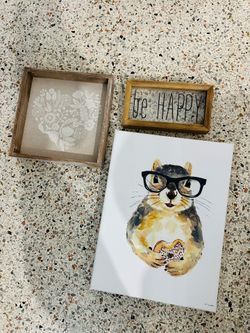 Cute Home Decor Set – 3 Pcs Wall Art (Squirrel Canvas, Rae Dunn Style Sign)