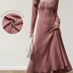 Modelyn Ladies Spring Summer Fall Spliced Ruffle Front Tie Long Sleeve Elegant Long Dress