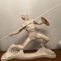 Large Antique Alabaster? Greek Warrior Statue in a dynamic pose, holding a spear and shield 23.5"H x 30"W Signed
