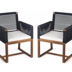 Newly Assembled 2 x Acacia Wood Patio Armchair with Rope Design Back & Arms Outdoor Dining Chair