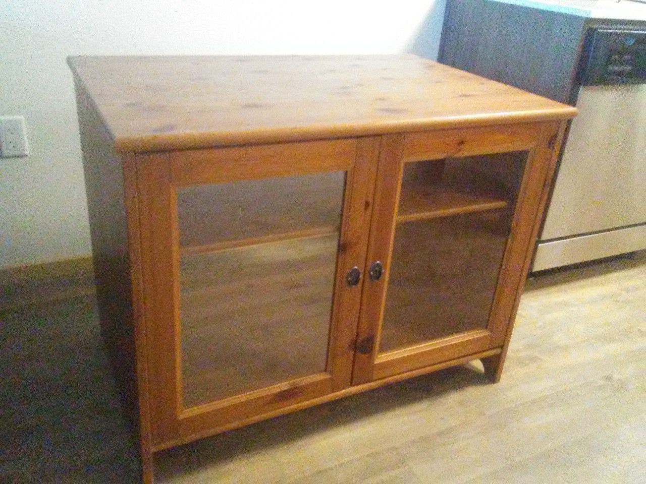 Glass door cabinet and 2 IKEA end / coffee tables