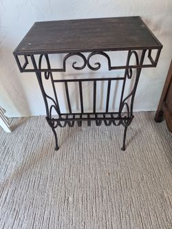Wrought Iron and Wood Top Side Table