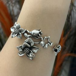 S925 silver flower leaves branch irregular chunky cuff bangle bracelet,Silver hearts bracelet,Silver irregular cuff bracelet,Everyday bracelet jewelry
