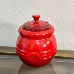Le Creuset Cerise BBQ Sauce Pot with Lid | Red Stoneware Pig Jar