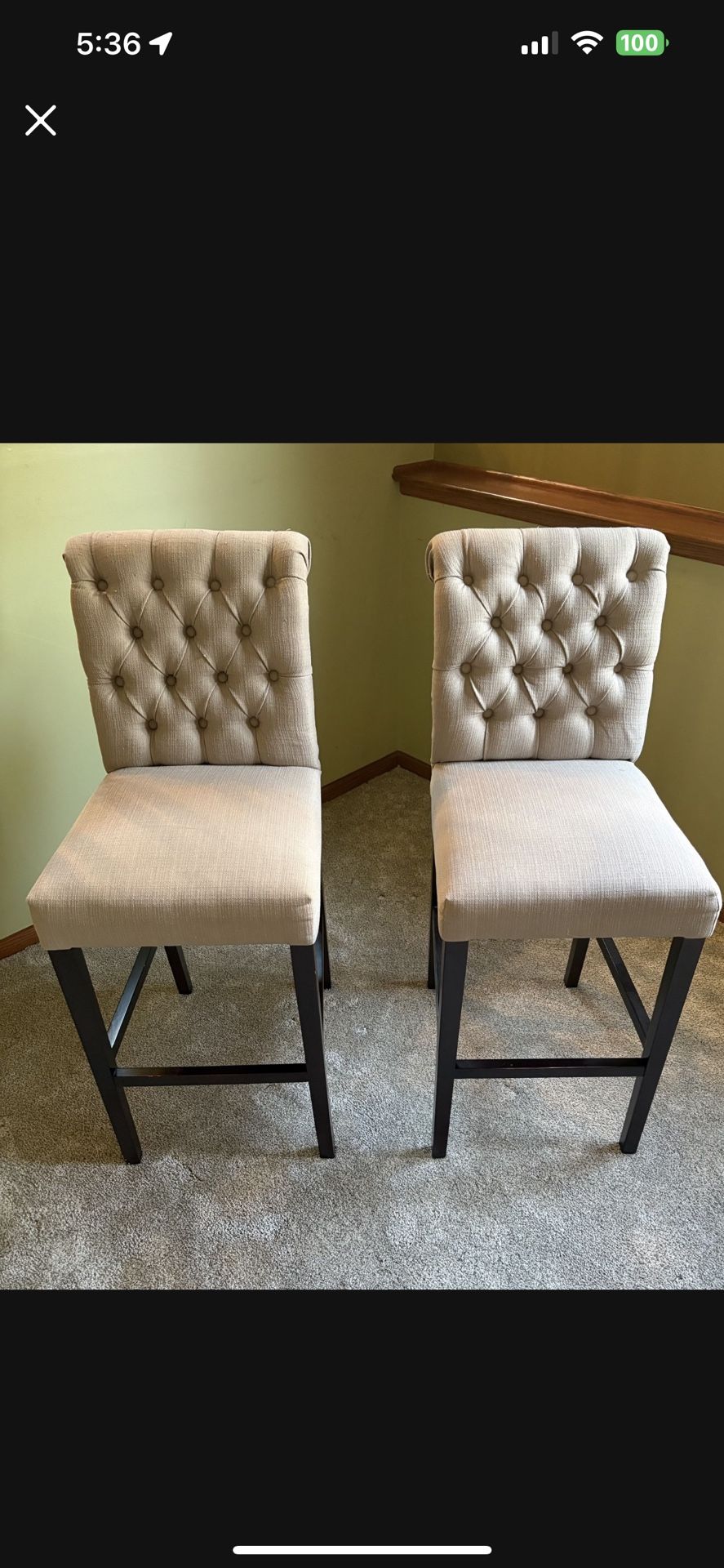 Set of 2 Upholstered Chairs - Cushioned Seat and Back Pub Bar Island Chairs Counter Height
