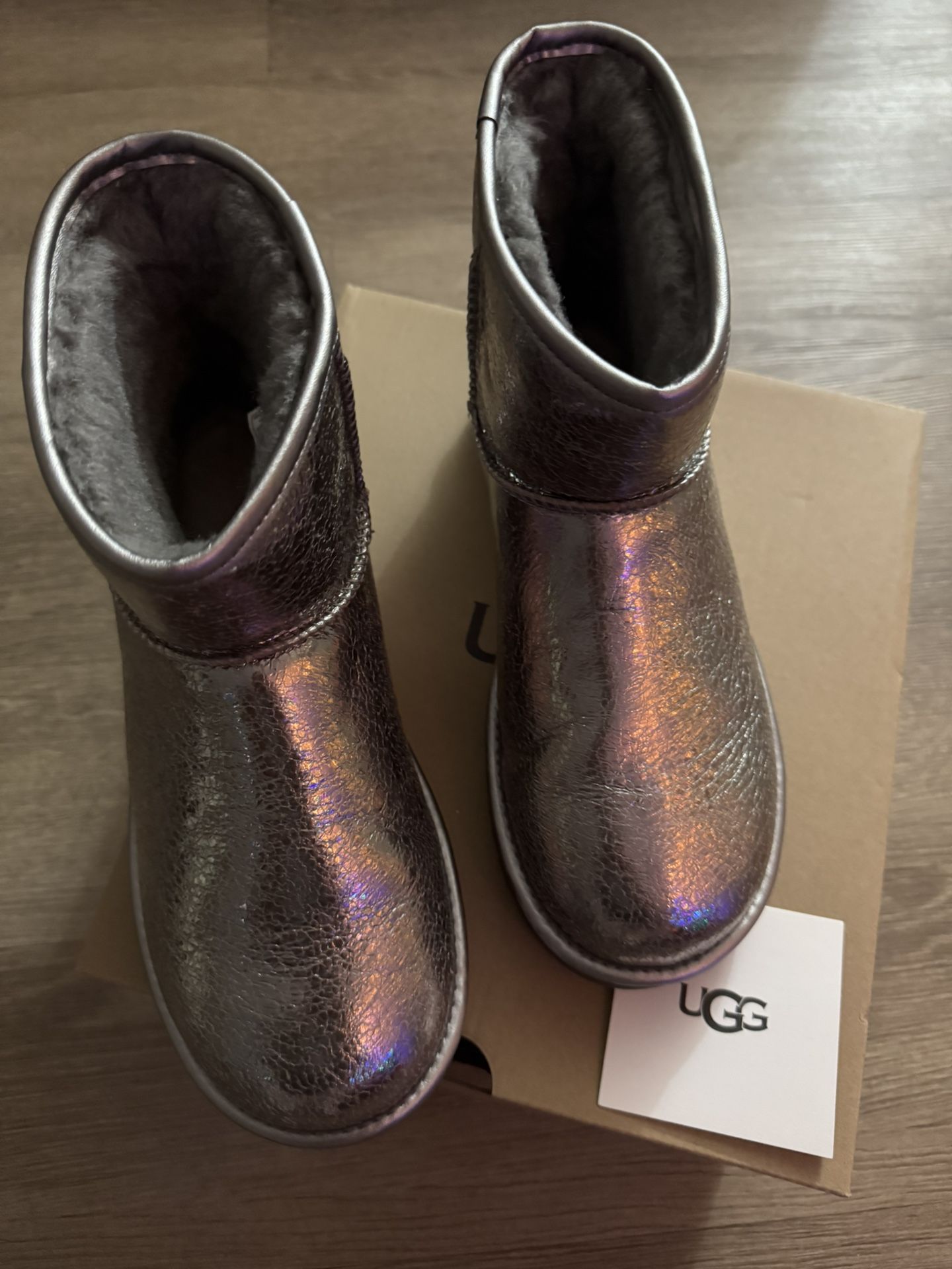 UGG CLASSIC MINI METALLIC SPARKLE GUNMETAL BOOTS WOMEN'S