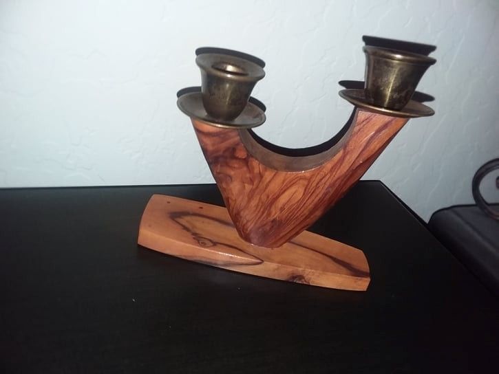 VINTAGE HAND CARVED WOOD BRASS CANDLESTICK CANDLE HOLDER TABLE DISPLAY