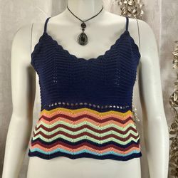 Mossimo Chevron Crochet Knit Tank Top Small Navy Multicolor Boho Festival