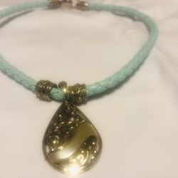Vintage  Rope  Leather  Necklace  With Silver tone  Pendant  , Like New Condition  15 inches  Long