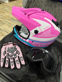Pink Motocross Helmet with Goggles and Gloves