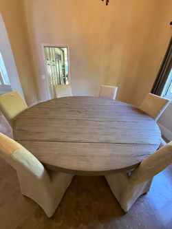 RH Restoration Hardware Round Dining Table — Salvaged Wood Trestle | 7 ft Wide