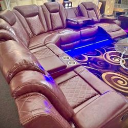 Brown Sectional Recliner Sofa With LED