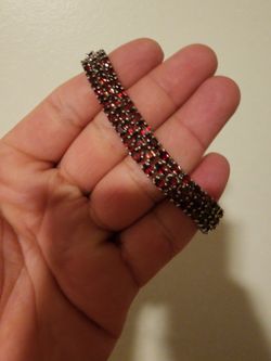 925 Sterling Silver Bracelet With Real Garnet Stone 7.5 Inches