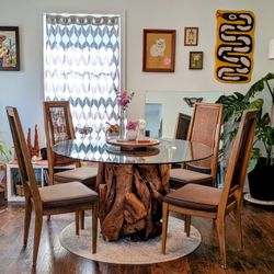 Teak Glass Top Dining Table