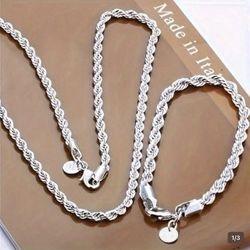 925 Stamped Sterling Silver Necklace 24 Inches Length & Bracelet 8 Inches 