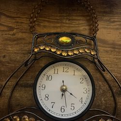 Vintage Metal Handbag Wall Clock Purse W Yellow BeadHandles Table Or Hang Cute