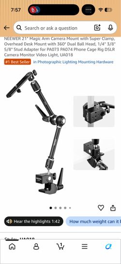 NEEWER 21" Magic Arm Camera Mount with Super Clamp, Overhead Desk Mount with 360° Dual Ball Head, 1/4" 3/8" 5/8" Stud Adapter for PA073 PA074 Phone Ca