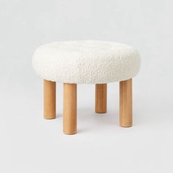 Kessler Round Tufted Faux Shearling Ottoman with Wood Legs (KD) Cream - Threshold designed with Studio McGee