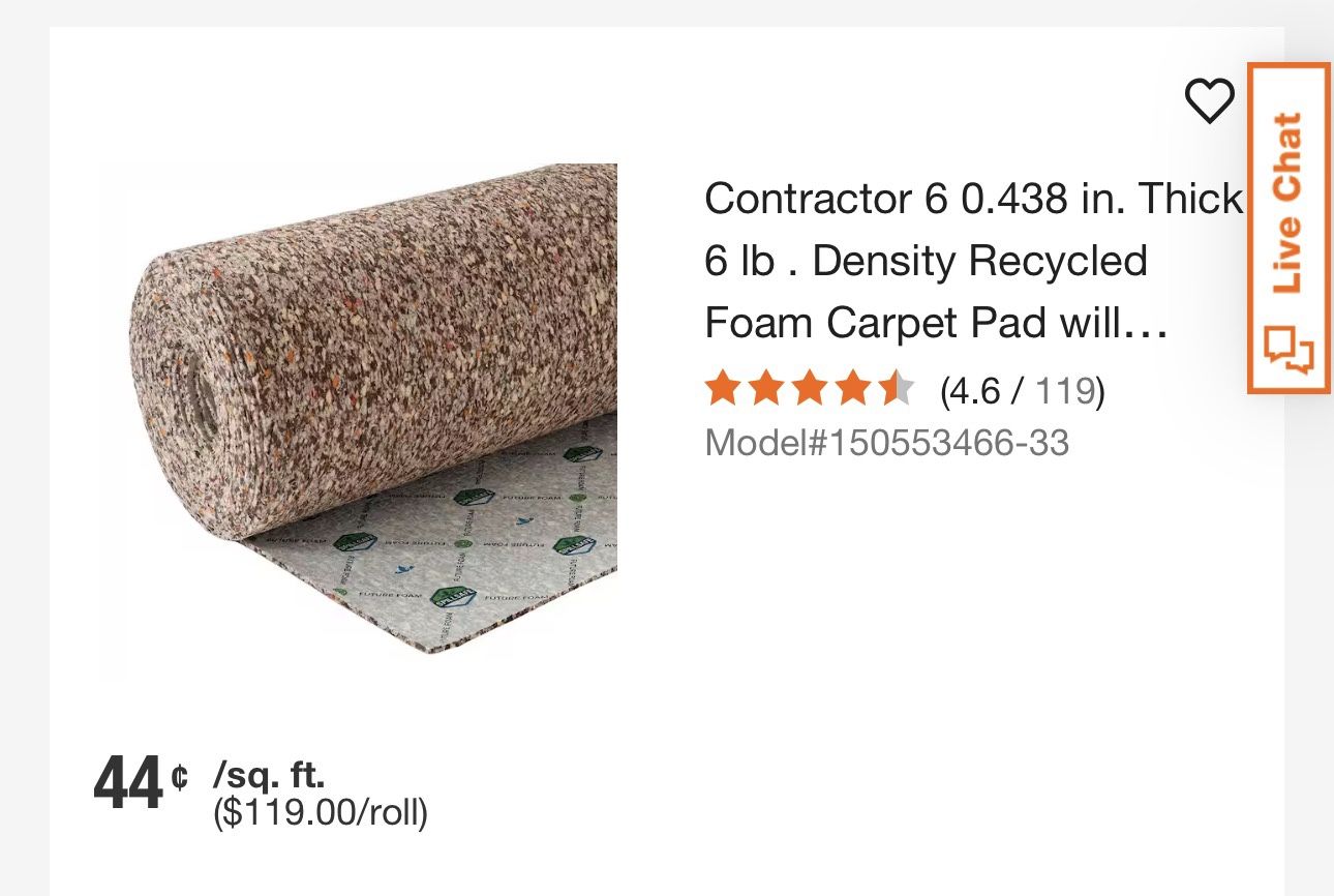 Contractor 6lb .44” thick density recycle foam carpet pad