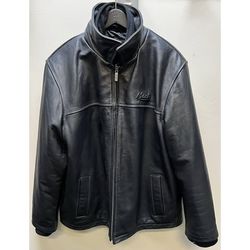 Mack Trucks Collared Removable Fleece Lined Black Leather Trucker Jacket - Large