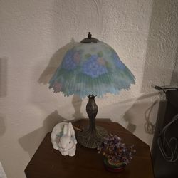 Signed Glynda Turley Reverse-Painted Glass Lamp – Blue Hydrangeas