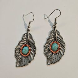 Silver Feather Drop Earrings with Turquoise Stone