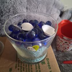 New,  Glass Dish With Shells, Blue Marbles And Sand