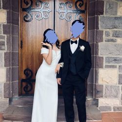 Vince Camuto white off the shoulder maxi prom dress