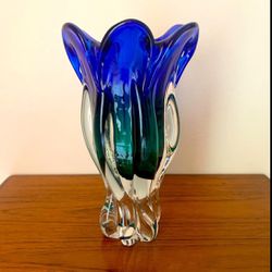 VTG Bohemia Art Glass Crystal Vase Multicolor Starburst Czech 9 3/4" Tall 