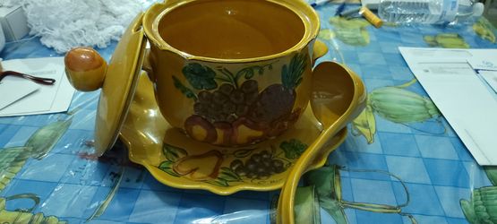 Colorful Pottery Tureen Underplate, Lid And Ladle
