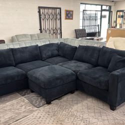New Black 99x99 Corduroy  Sectional Couch With Ottoman 