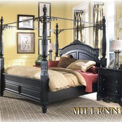 Queen Canopy Bedroom Set – Ashley Britannia Rose w/ Marble Tops