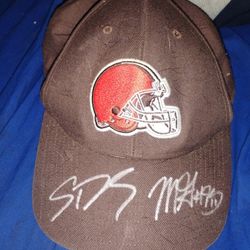 Shedeur Sanders Myles Garrett Signed Autograph NFL Hat Cleveland Browns 
