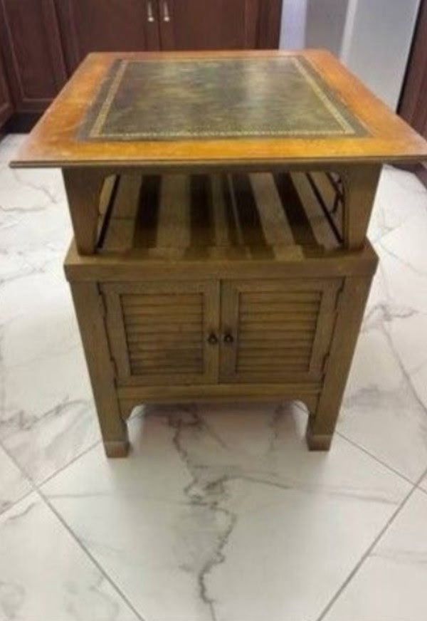 Vintage Mid-Century Modern Wood Cabinet / Side or End Table. Sturdy wood cabinet with louvered doors on the bottom. Probably Walnut (or Teak?). Top de
