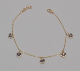 14K Yellow Gold Blue Heart Charm Bracelet 7.25–7.75" Adjustable