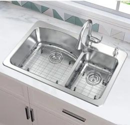 Glacier Bay
33 in. Drop-In 60/40 Double Bowl 18 Gauge Stainless Steel Kitchen Sink with Pull-Down Faucet