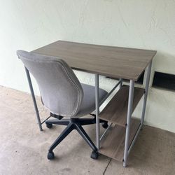 Desk with Storage Shelves + Gray Rolling Chair Included