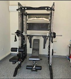 NEW Squat Rack Smith Machine Functional Trainer Cable Cross Over  Adjustable Bench Press 45lb Barbell Bumper Plates Home Gym 