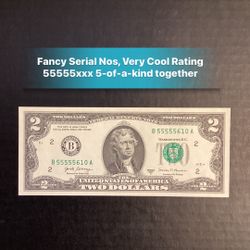 Collectible UNC $2 Note, #55555xxx Fancy #s