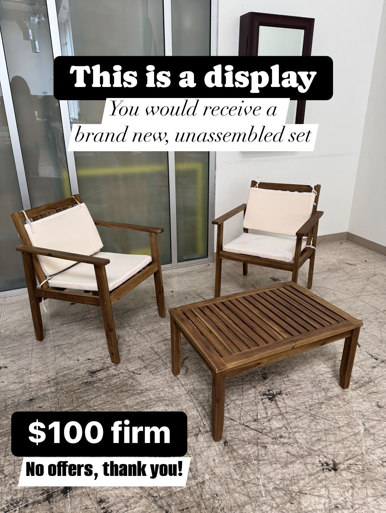 Brand New! Sunnyside 3 piece Outdoor Patio Furniture Set Acacia Wood and Cushions