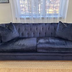 Blue Velvet Designer Couch with two pillows