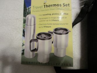 New - Thermos Travel Set w/Case - Stainless Steel - Heat Or Cold In Mugs Up To 3 HRs-Thermos 9 HRs
