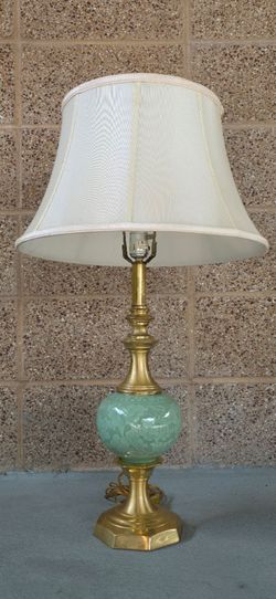 Vintage Celadon Green Floral Ceramic Table Lamp – Brass-Tone Accents
