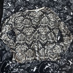 Ann Taylor LOFT Black and Off White Cream Damask Office Goth Sweater Top Blouse